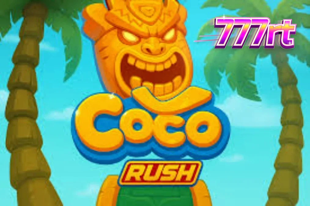 Tampilan visual slot Coco Rush dengan latar belakang pantai tropis dan simbol harta karun.